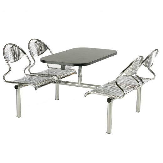 A complete dining unit with stylish, yet strong all metal perforated Chrome seat Durable all metal seating is ideal for heavy use areas, or where vandalism is considered a factor, like schools, prisons or police stations Choice of seating configurations Robust heavy gauge, fully welded frame Choice of Table Top and Frame colour - if you're looking for a specific colour please get in touch and we'll see what we can do! Choice of two table top edge options 5 Year Guarantee