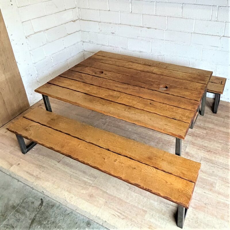 LARGE Industrial Style Table and Benches Oak Steel 15212