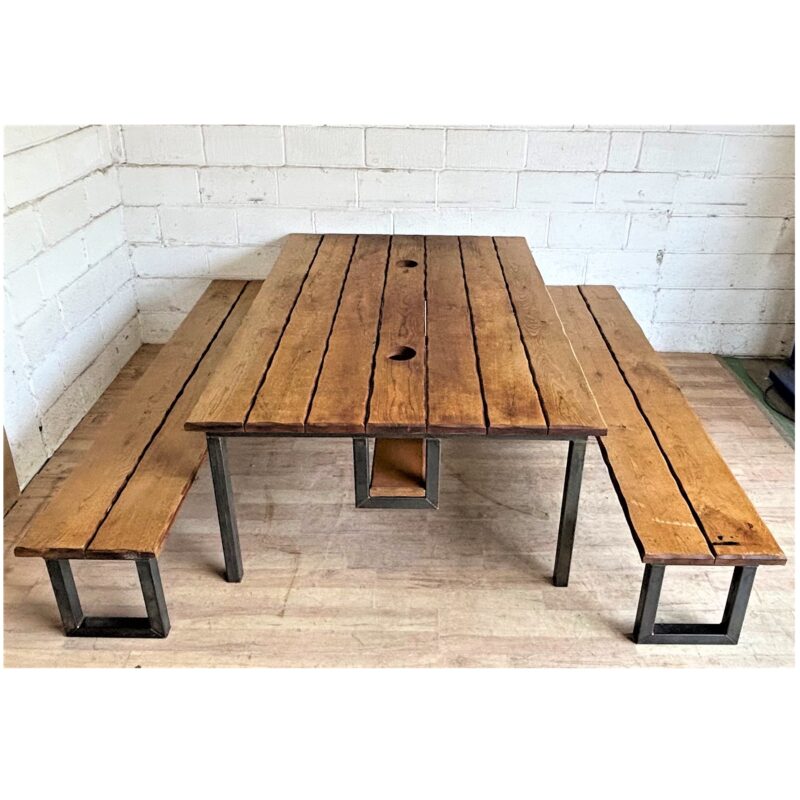 LARGE Industrial Style Table and Benches Oak Steel 15212