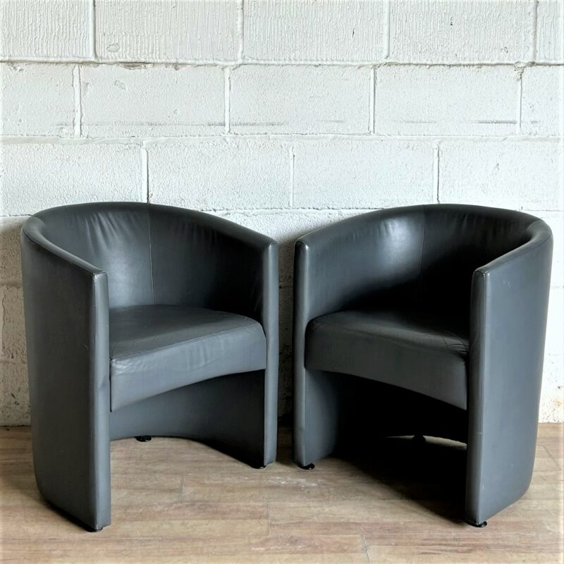 PAIR of Grey Leather Tub Chairs 3084