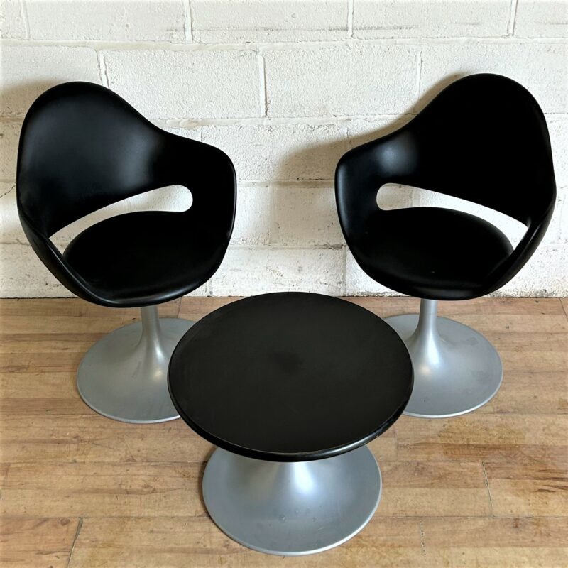 Pair Fabio Di Bartolomei Tuplip Chairs Coffee Table Black Silver 1206