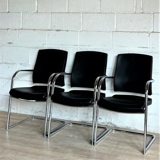 Set of 3 Black Leather Chrome Meeting Visitors Side Chairs 1204